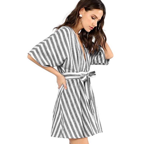 Striped Grey Button Down Backless Mini Boho Dress - Picture 4 of 5